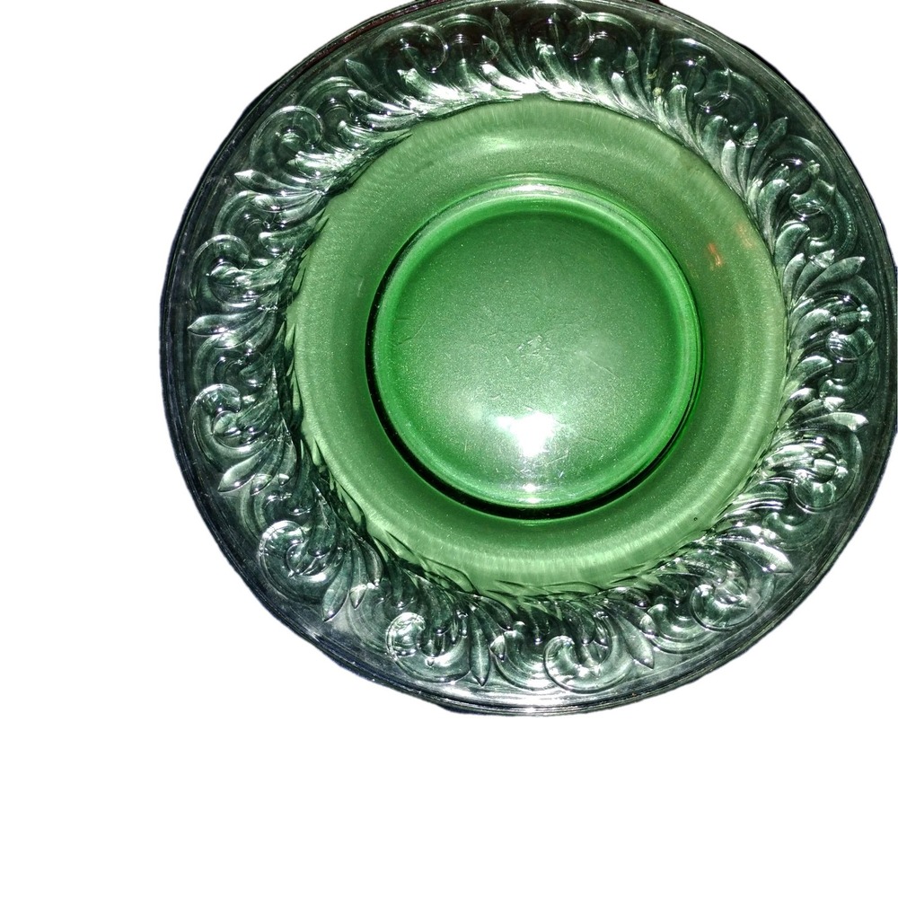 3 Vtg Green Glass Plates Clear Scroll Design Serving set Raised Edge US #3120